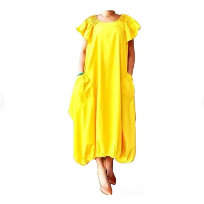 Comfortable Balloon Maxi Dress with Pleated Sleeves