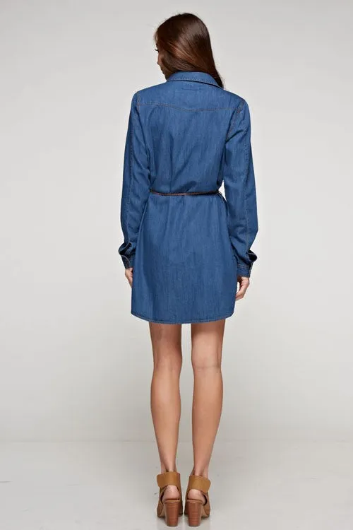 Denim Long Sleeve Belted Shirt Mini Dress
