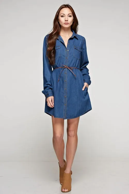 Denim Long Sleeve Belted Shirt Mini Dress
