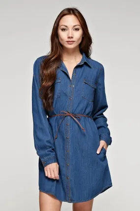 Denim Long Sleeve Belted Shirt Mini Dress