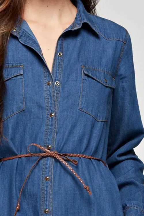 Denim Long Sleeve Belted Shirt Mini Dress