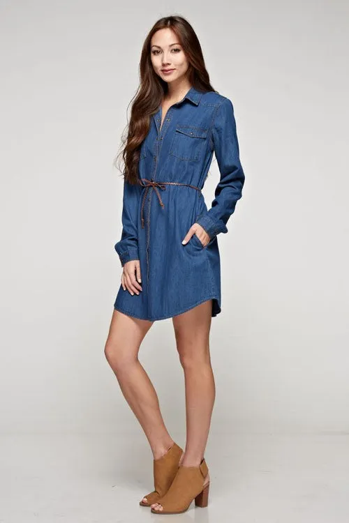 Denim Long Sleeve Belted Shirt Mini Dress