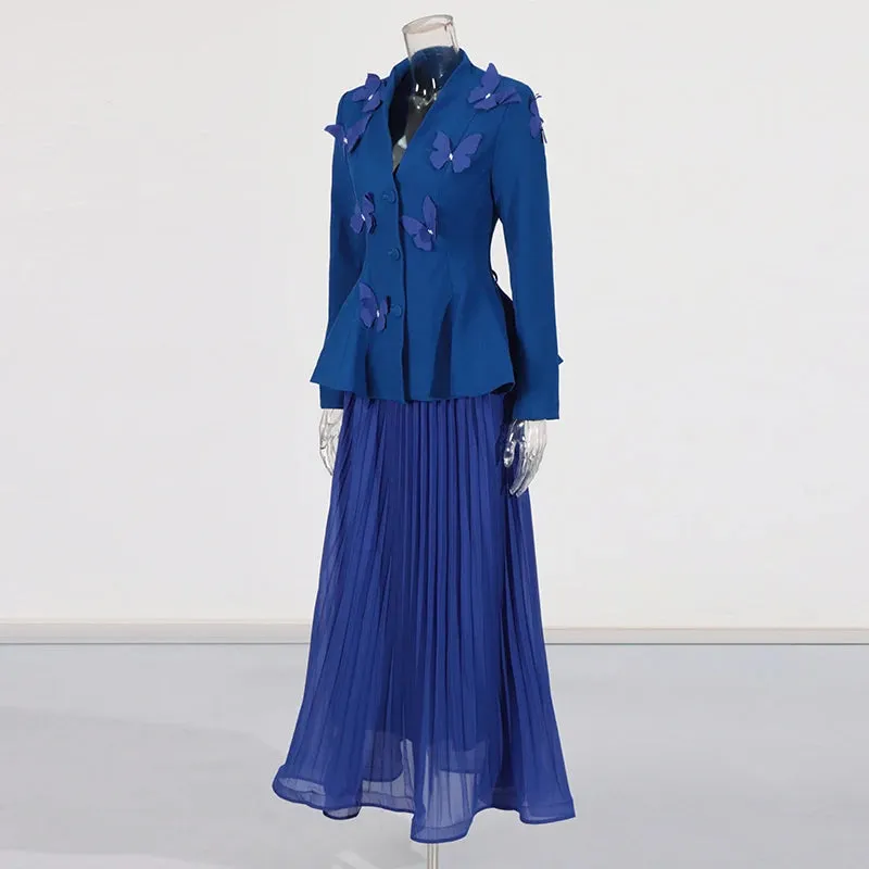 Elegant Long Sleeve Tunic Coat Pleated Skirt Two-Piece Set