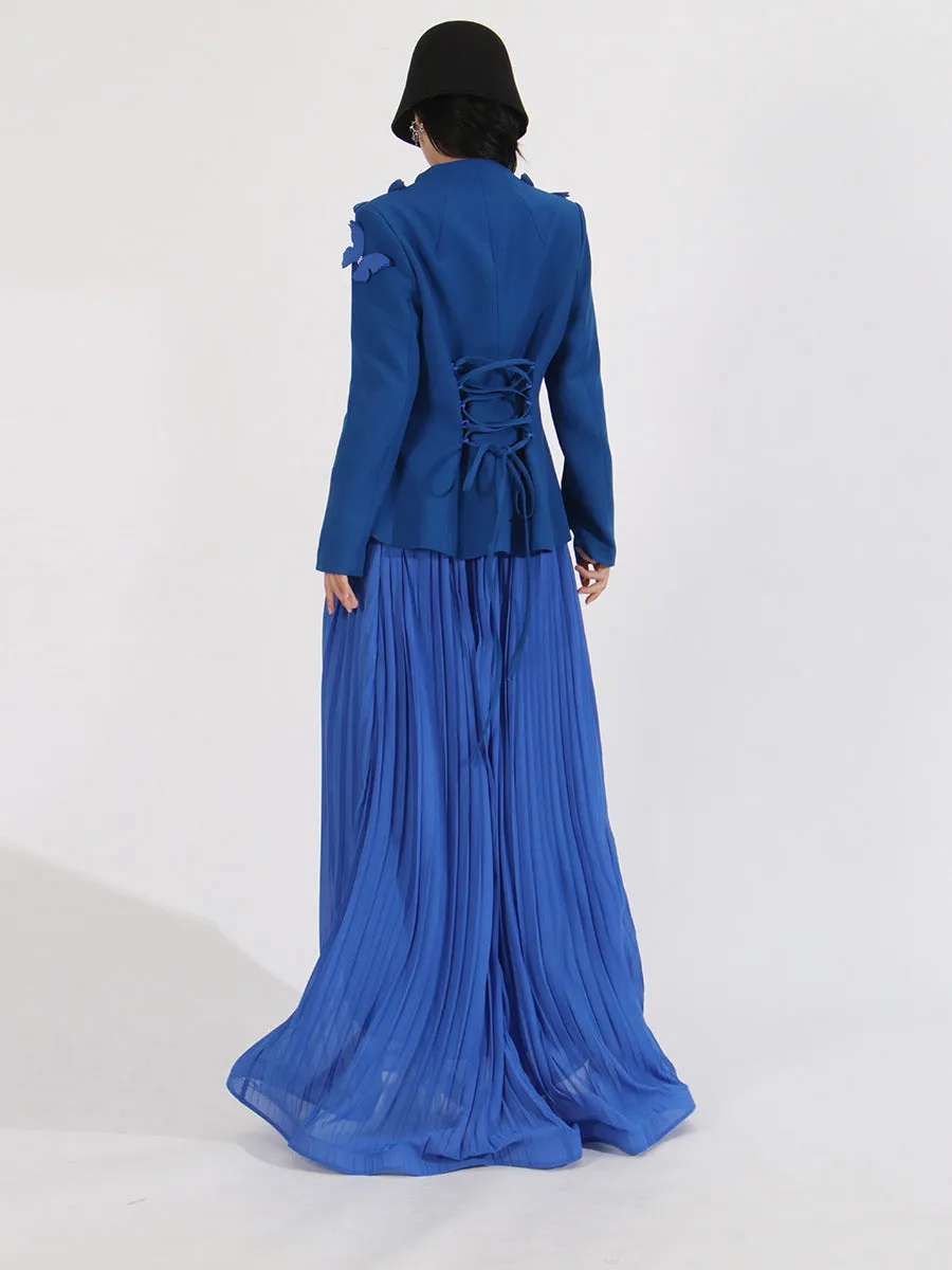 Elegant Long Sleeve Tunic Coat Pleated Skirt Two-Piece Set