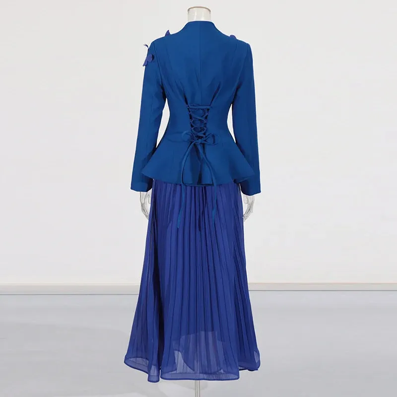 Elegant Long Sleeve Tunic Coat Pleated Skirt Two-Piece Set