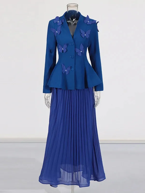 Elegant Long Sleeve Tunic Coat Pleated Skirt Two-Piece Set