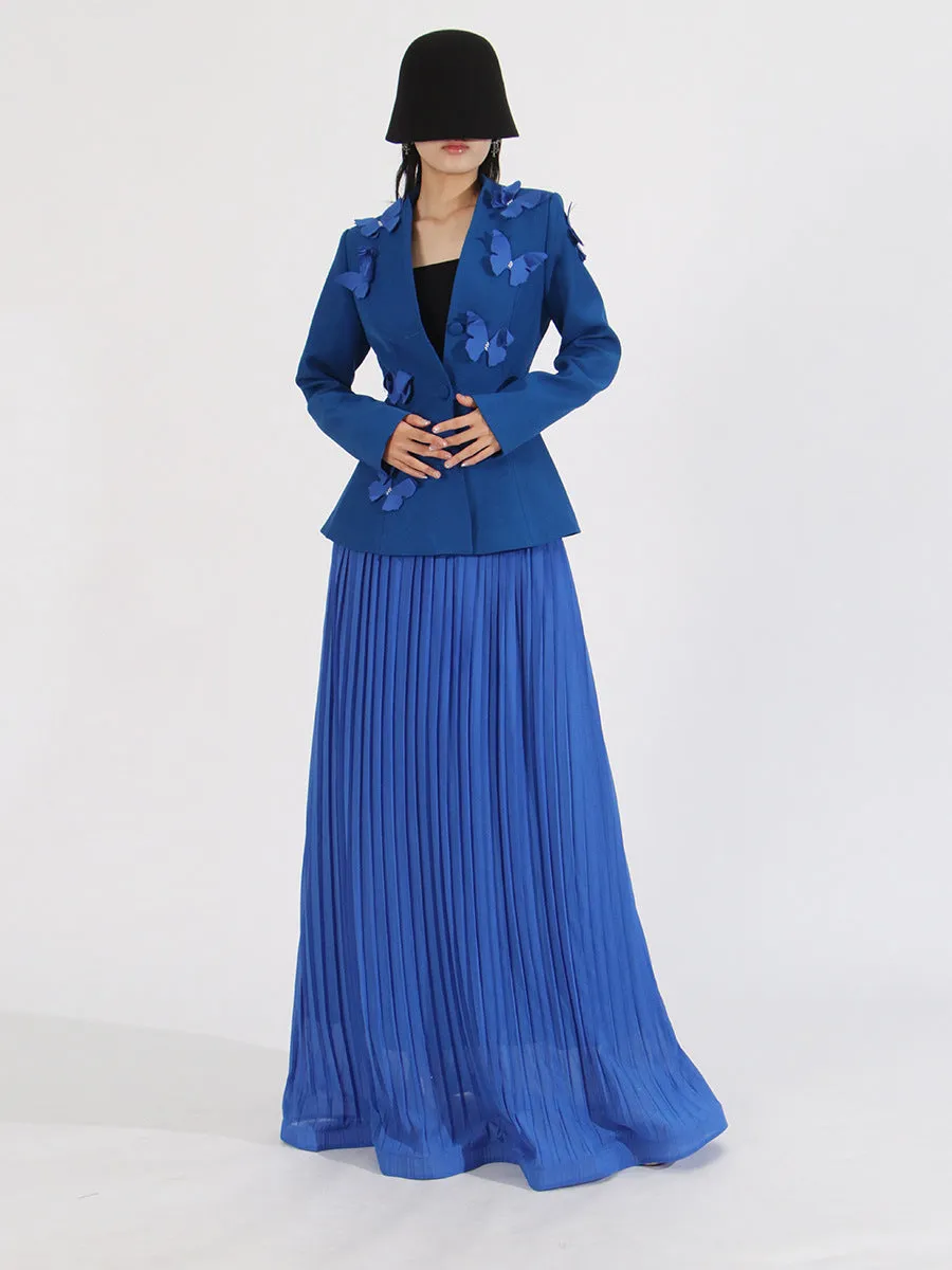 Elegant Long Sleeve Tunic Coat Pleated Skirt Two-Piece Set