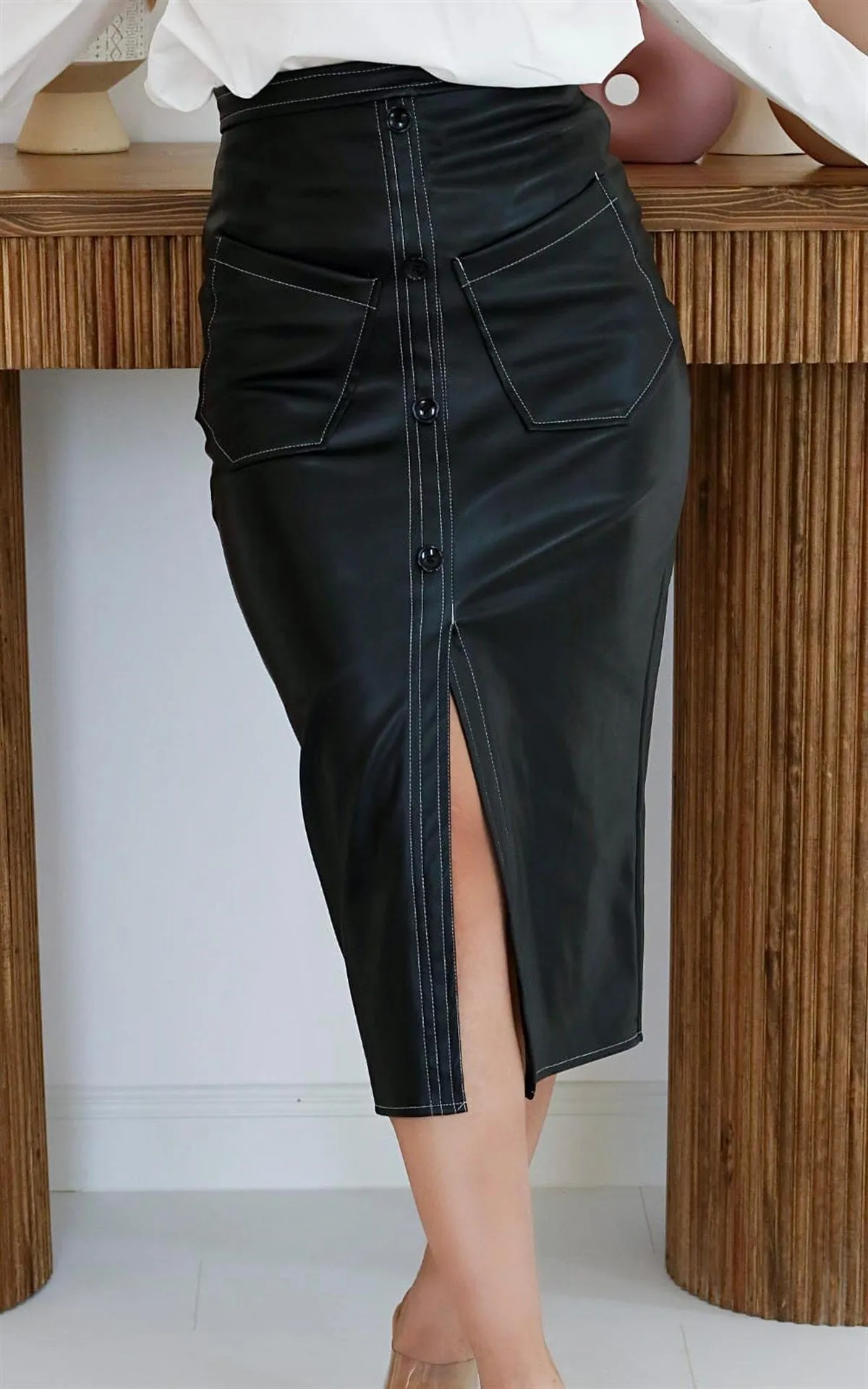 ELS Pocket Detailed Leather Skirt - Black - Egg Harbor