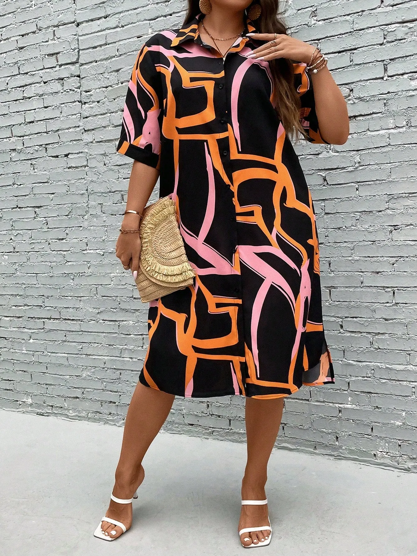 Essnce Plus Allover Print Button Front Shirt Dress