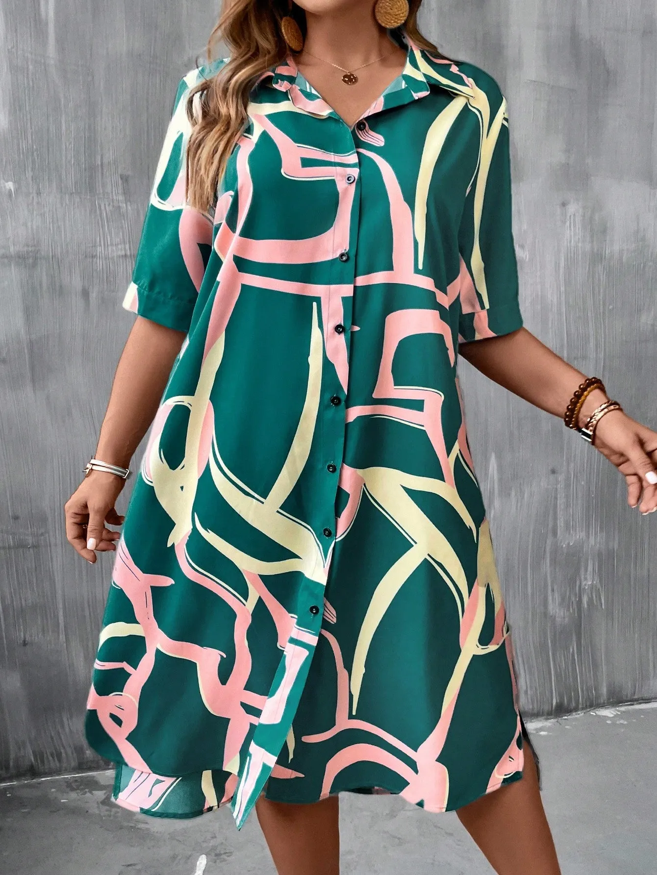 Essnce Plus Allover Print Button Front Shirt Dress