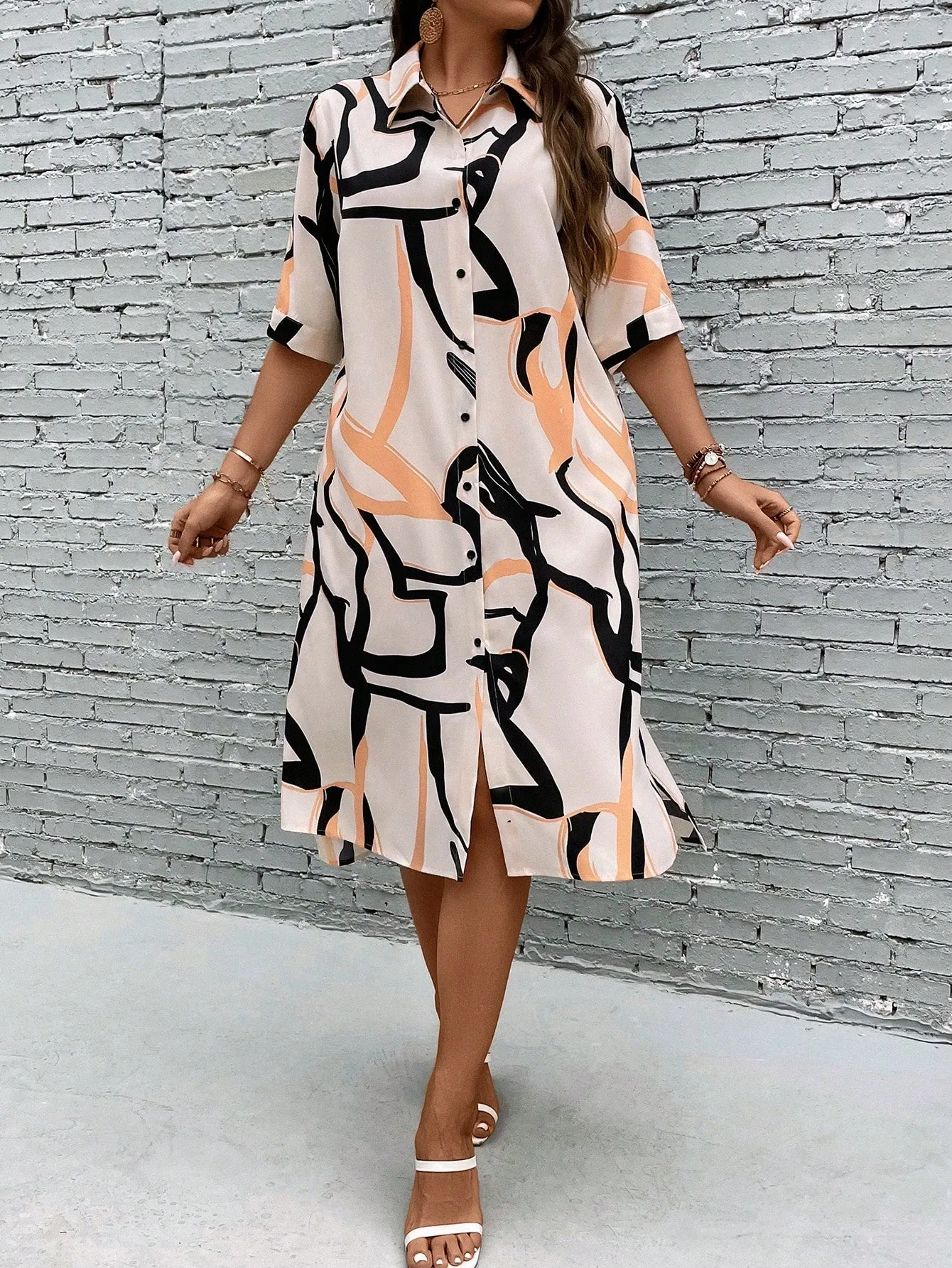 Essnce Plus Allover Print Button Front Shirt Dress