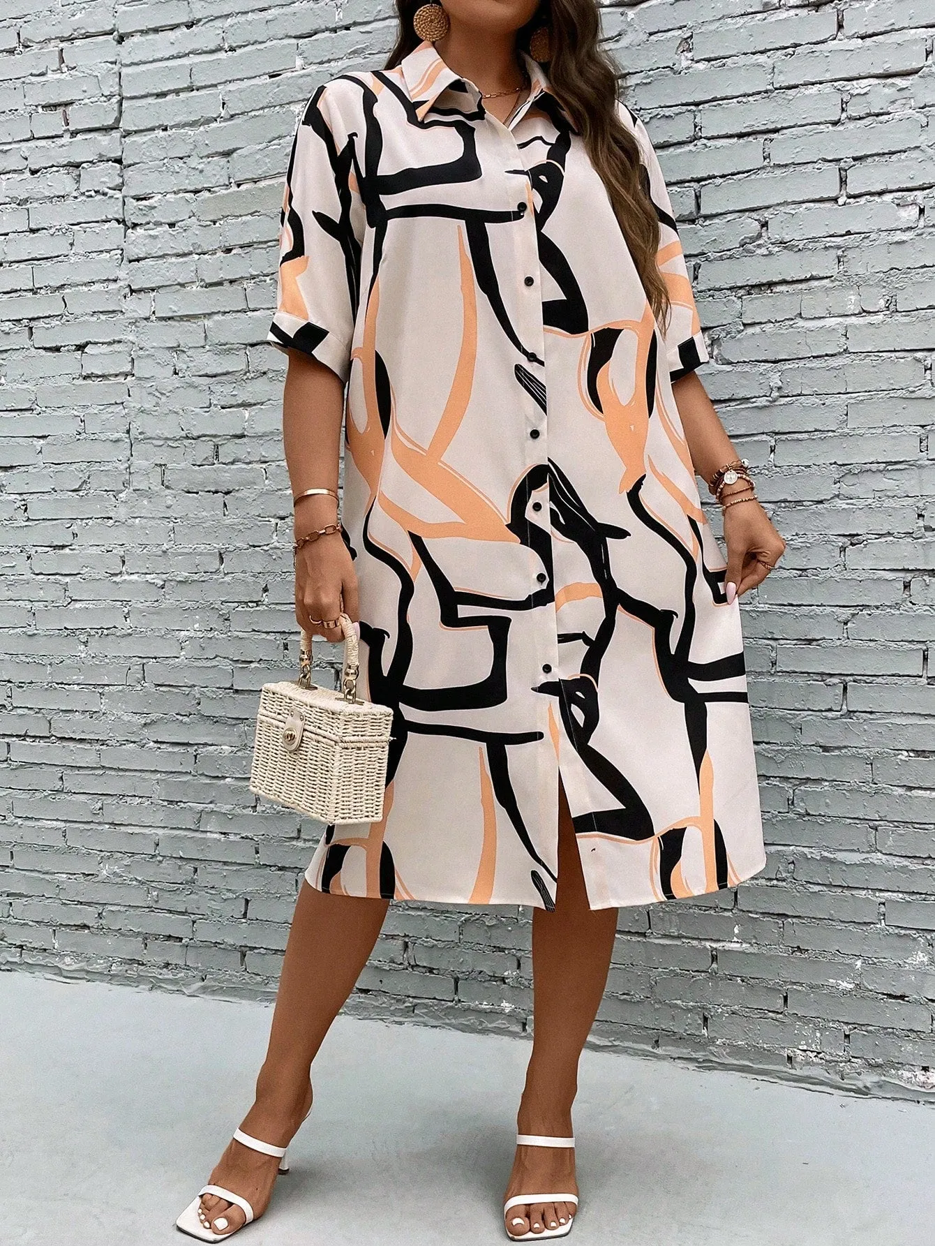 Essnce Plus Allover Print Button Front Shirt Dress