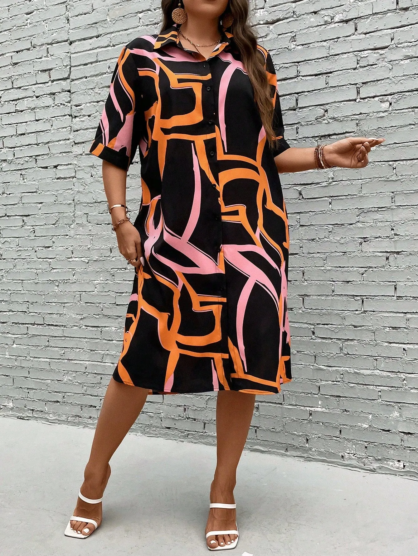 Essnce Plus Allover Print Button Front Shirt Dress