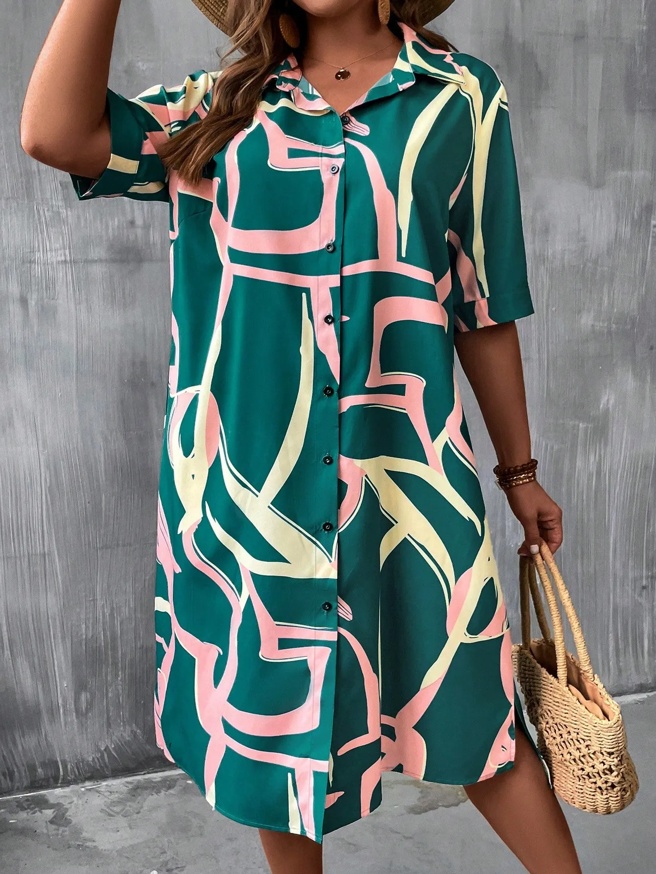 Essnce Plus Allover Print Button Front Shirt Dress