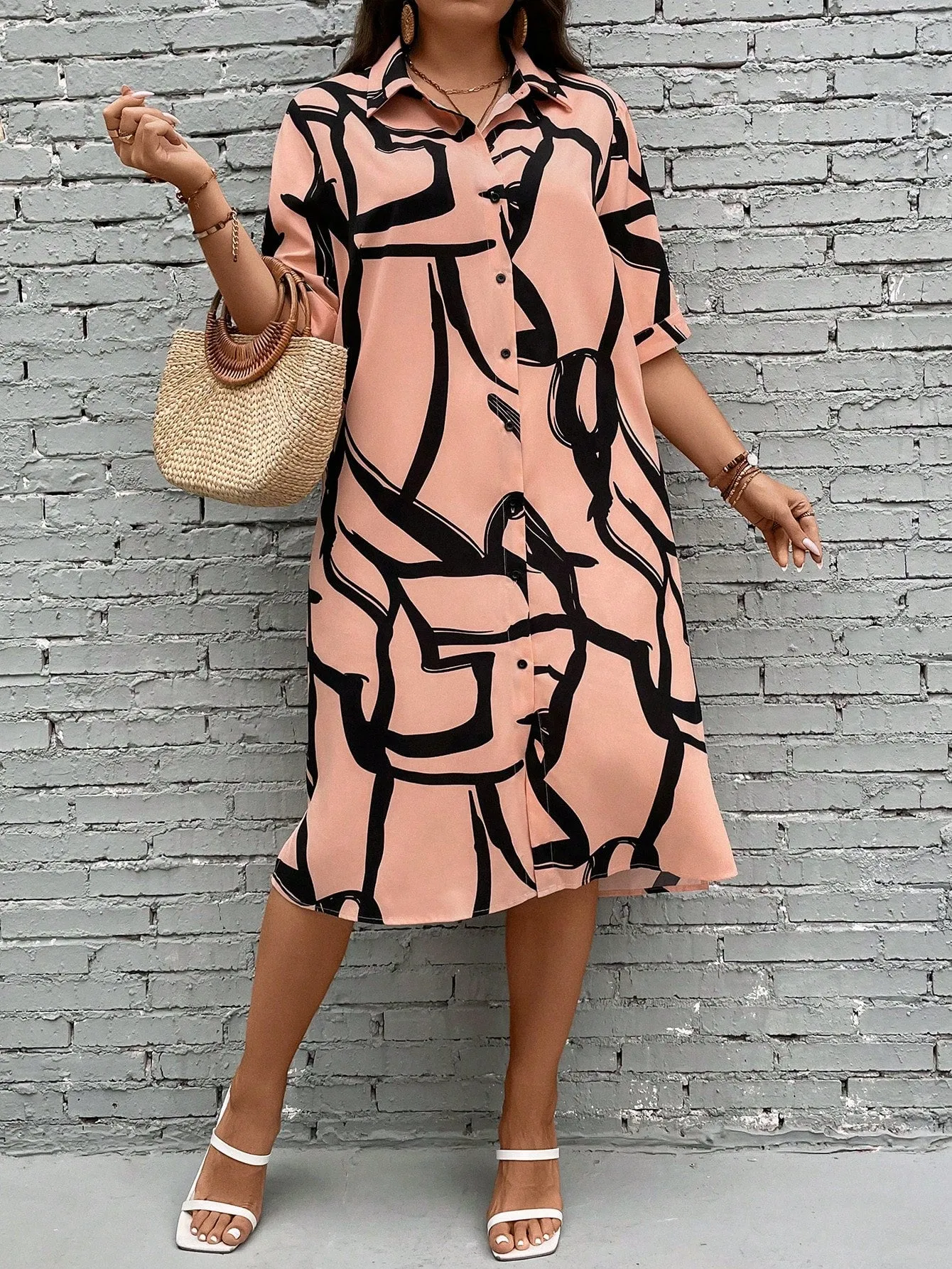Essnce Plus Allover Print Button Front Shirt Dress