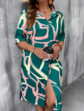 Essnce Plus Allover Print Button Front Shirt Dress