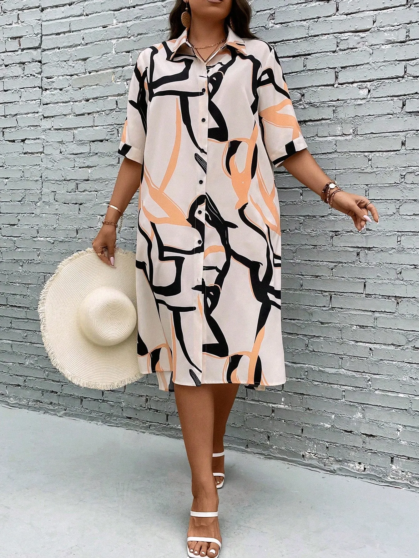 Essnce Plus Allover Print Button Front Shirt Dress