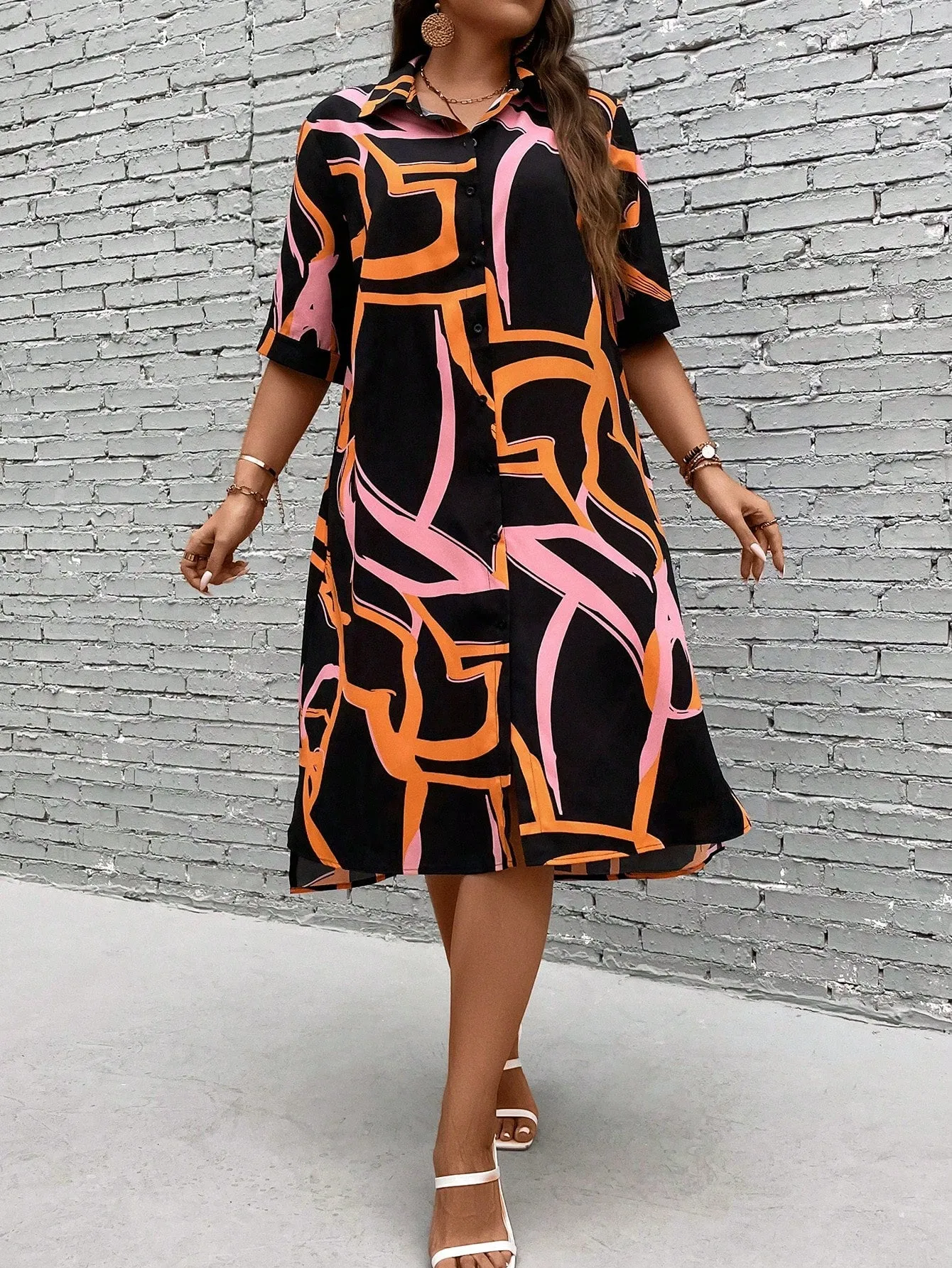 Essnce Plus Allover Print Button Front Shirt Dress