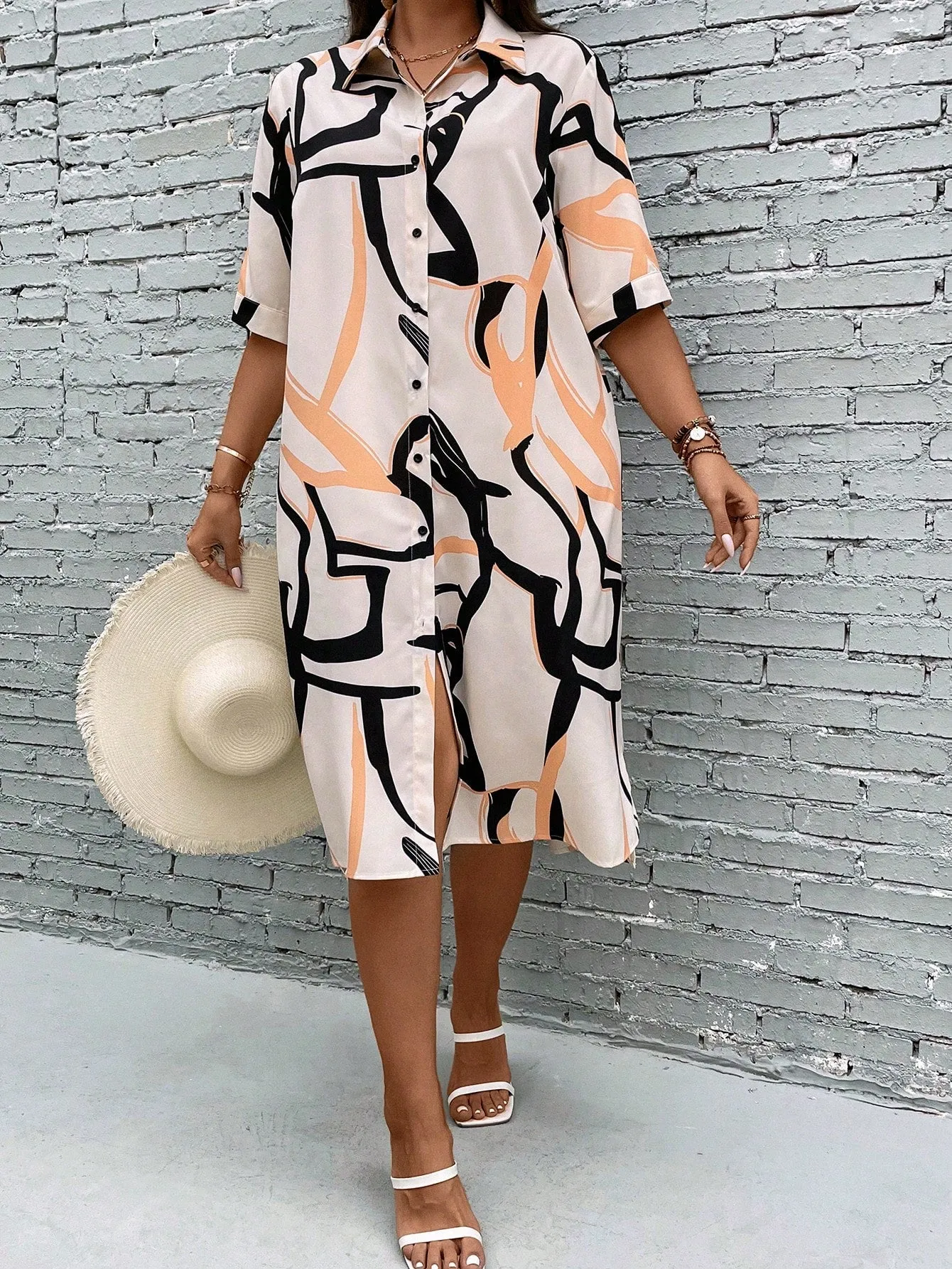 Essnce Plus Allover Print Button Front Shirt Dress