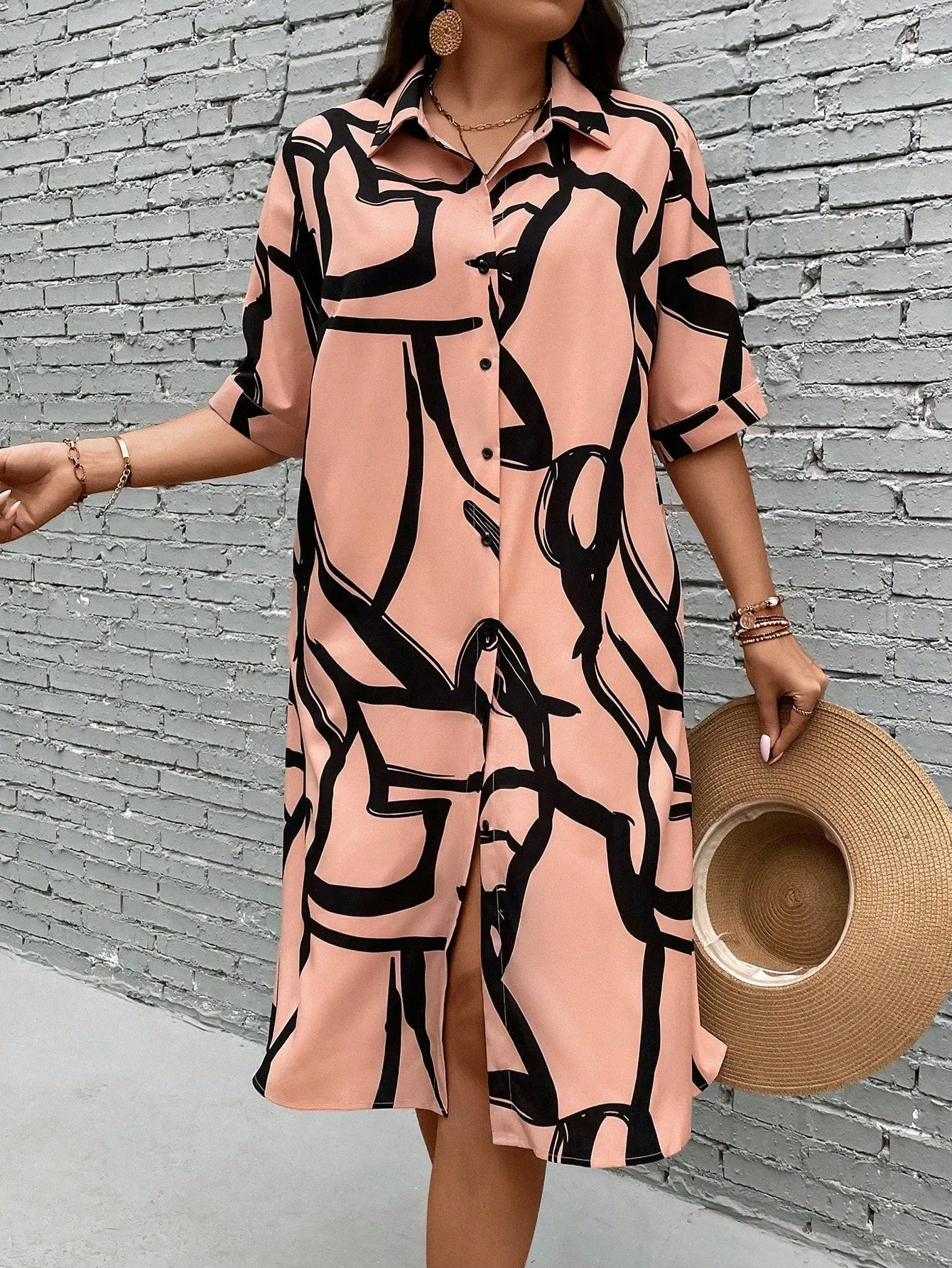 Essnce Plus Allover Print Button Front Shirt Dress