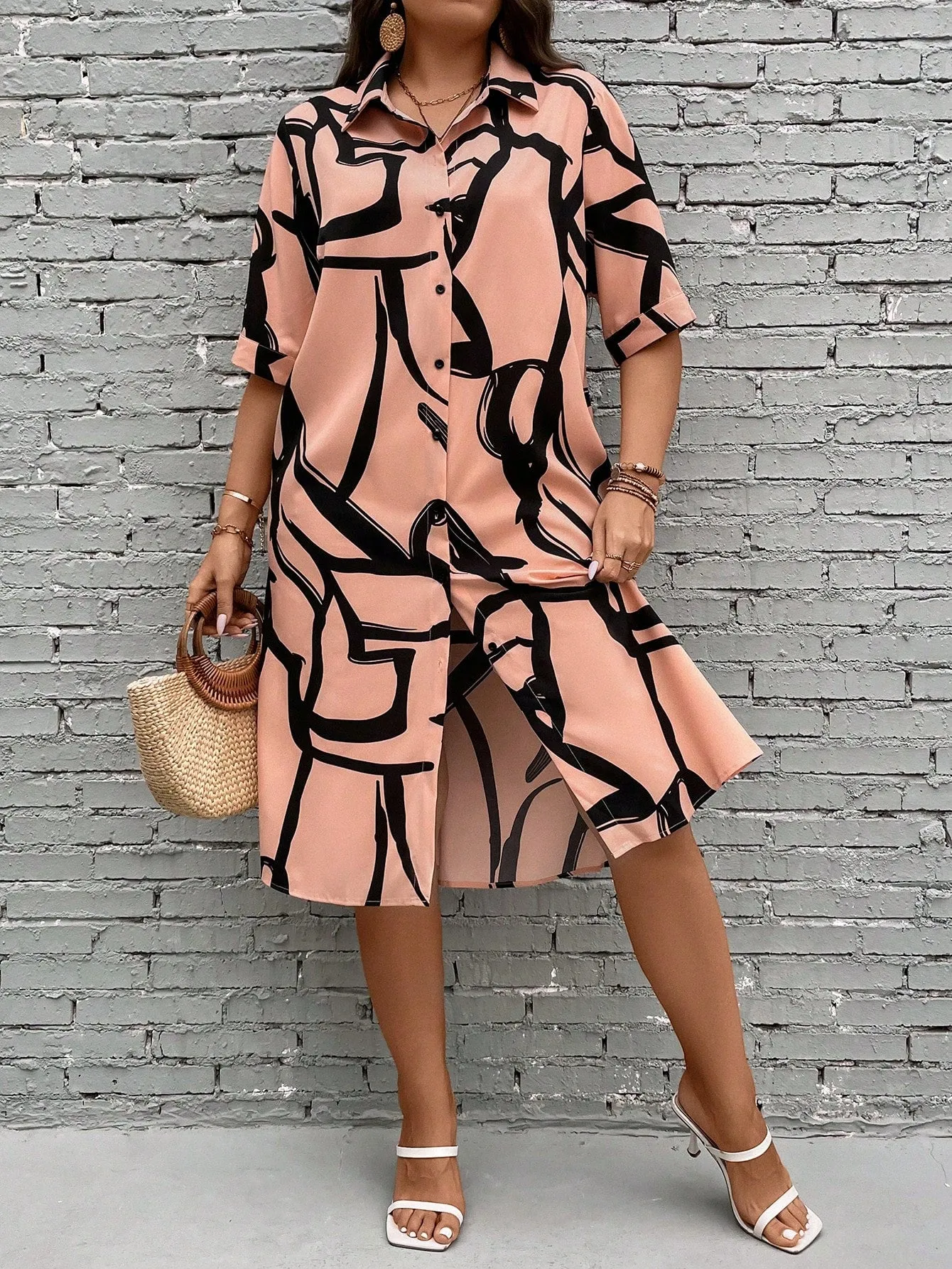 Essnce Plus Allover Print Button Front Shirt Dress