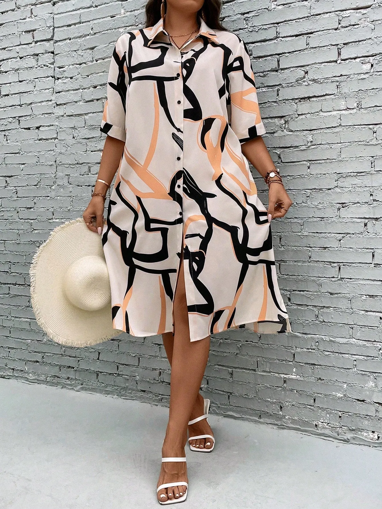 Essnce Plus Allover Print Button Front Shirt Dress