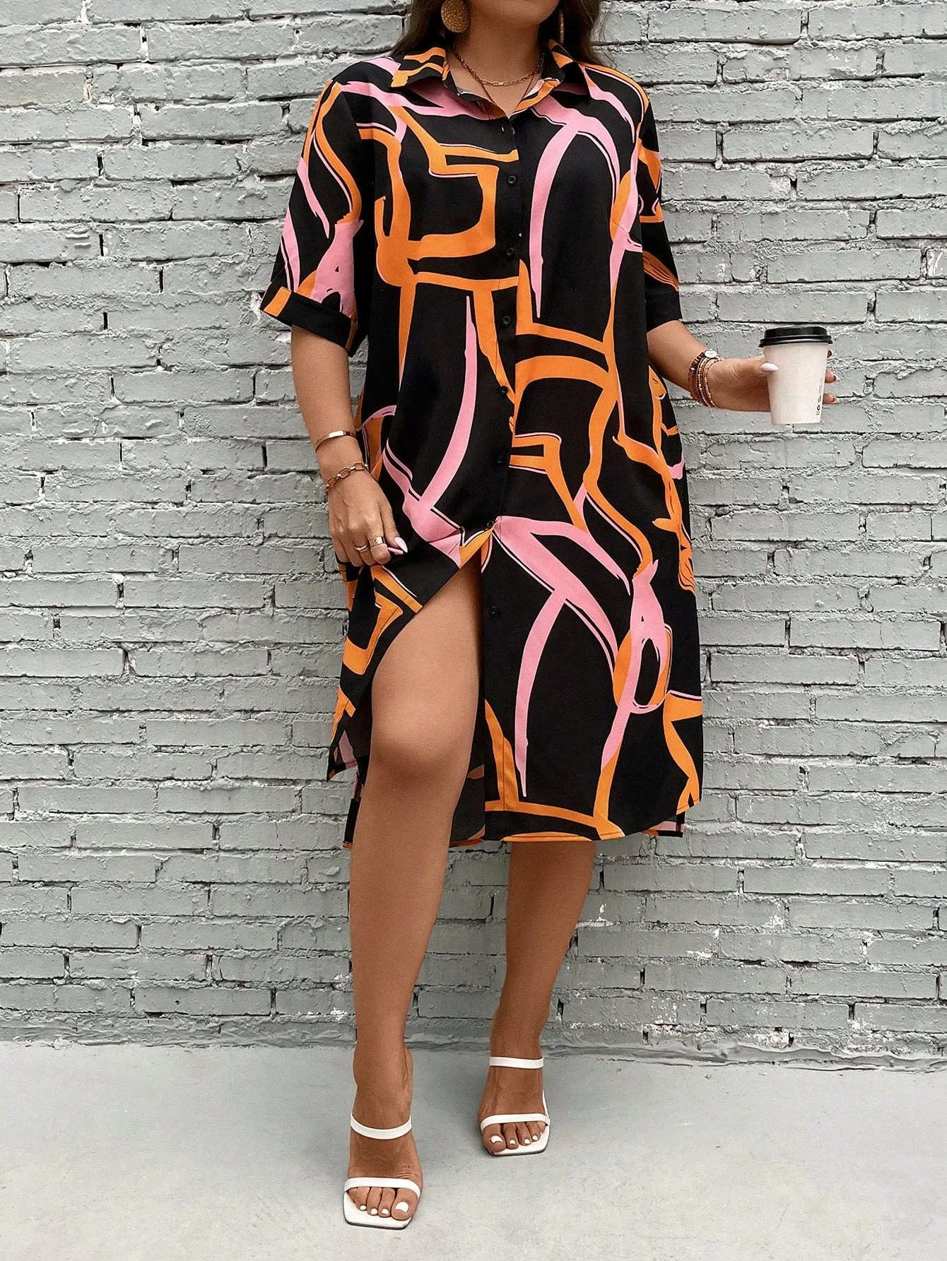 Essnce Plus Allover Print Button Front Shirt Dress