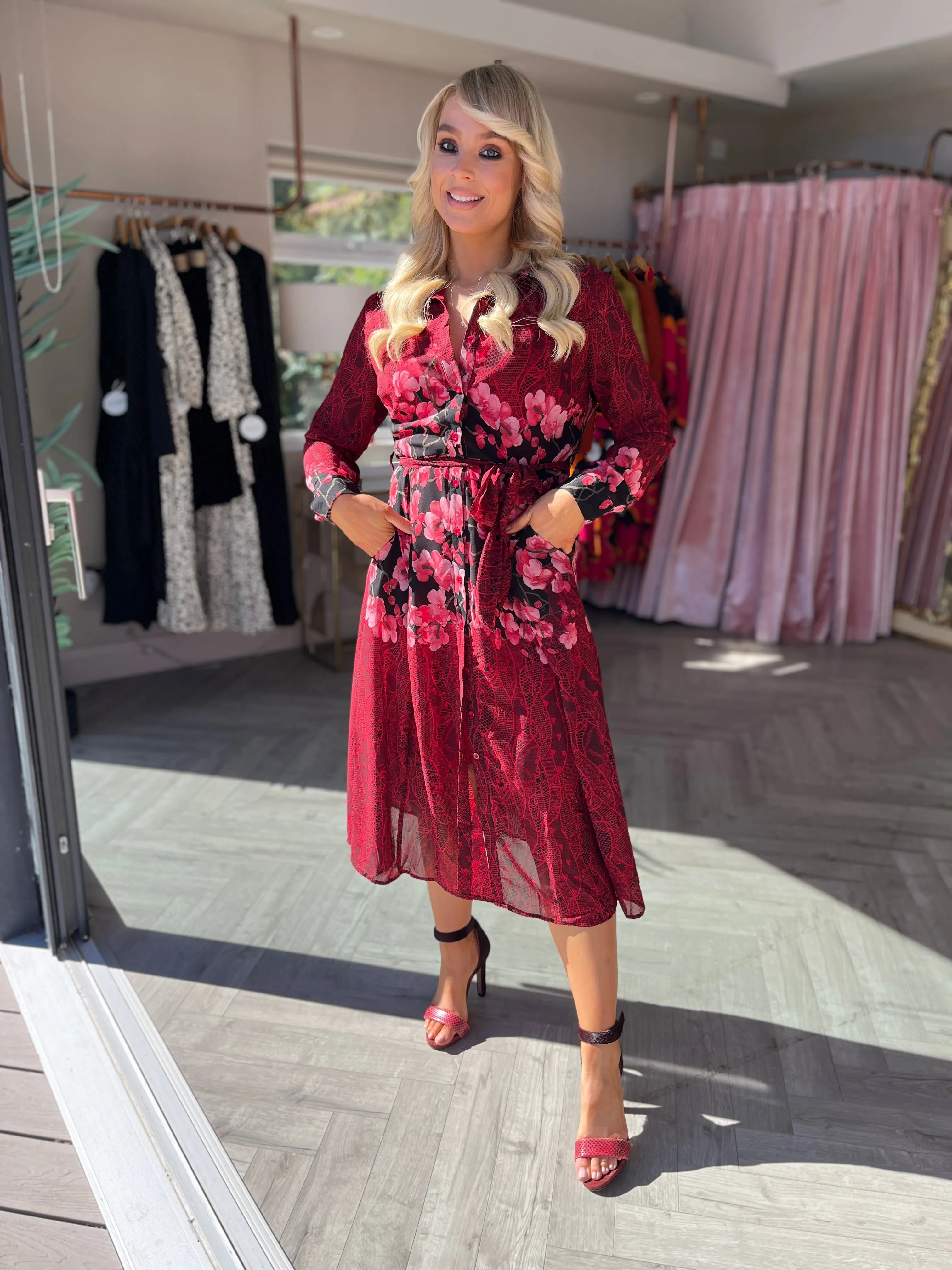Everly Red Floral Shirt Dress