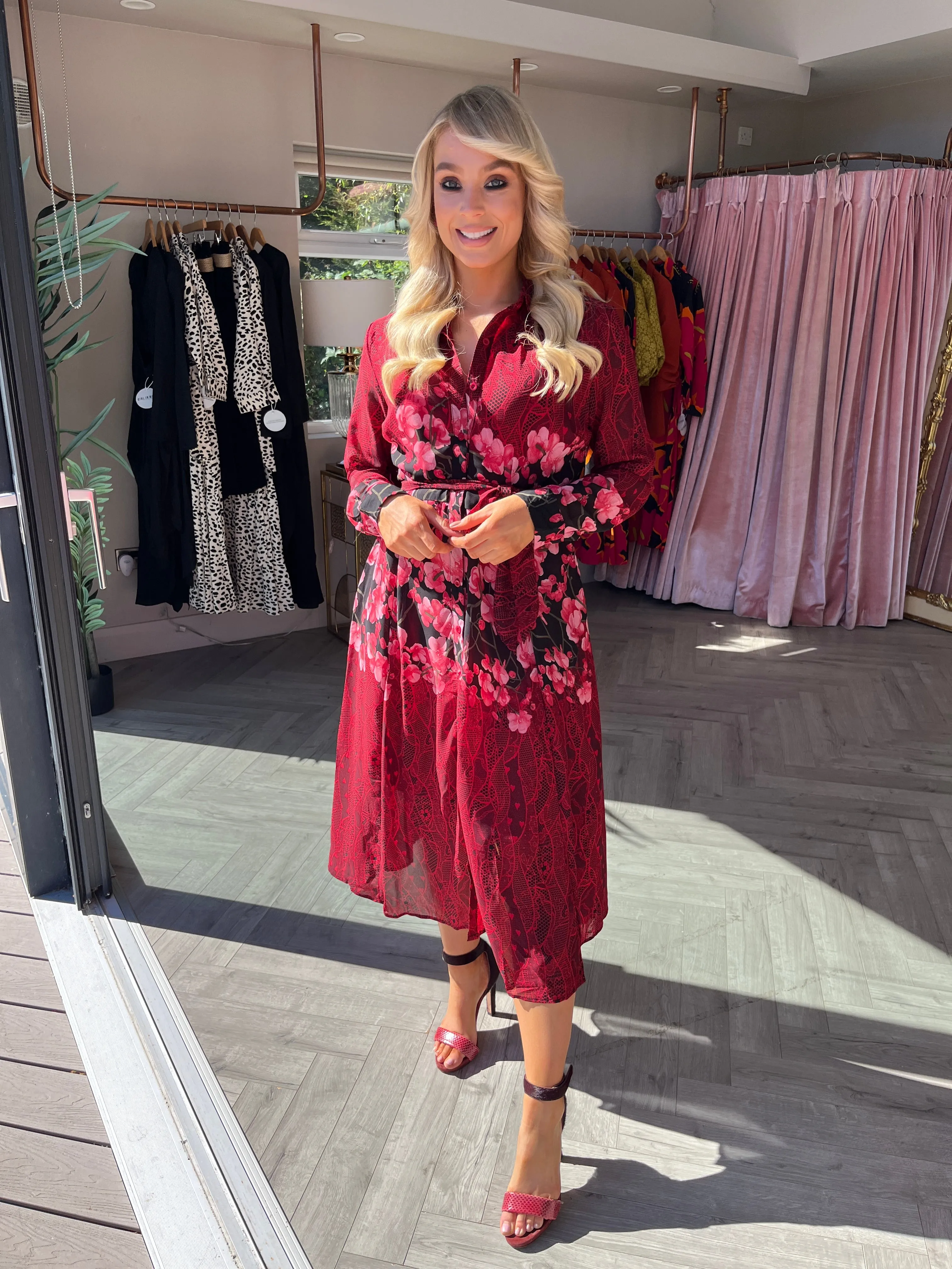 Everly Red Floral Shirt Dress
