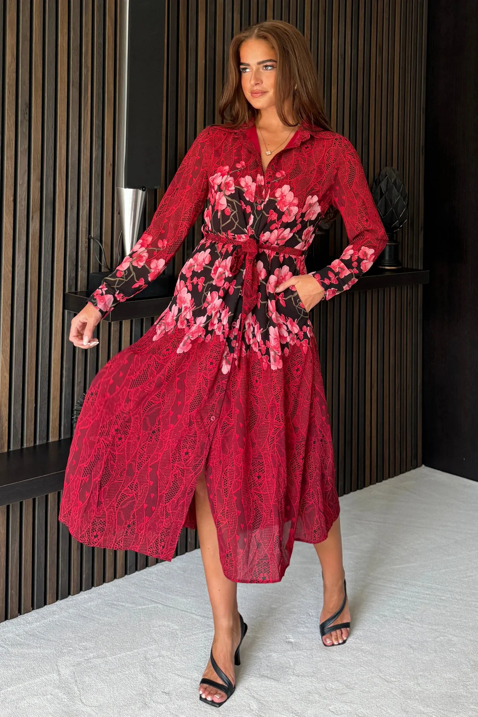 Everly Red Floral Shirt Dress