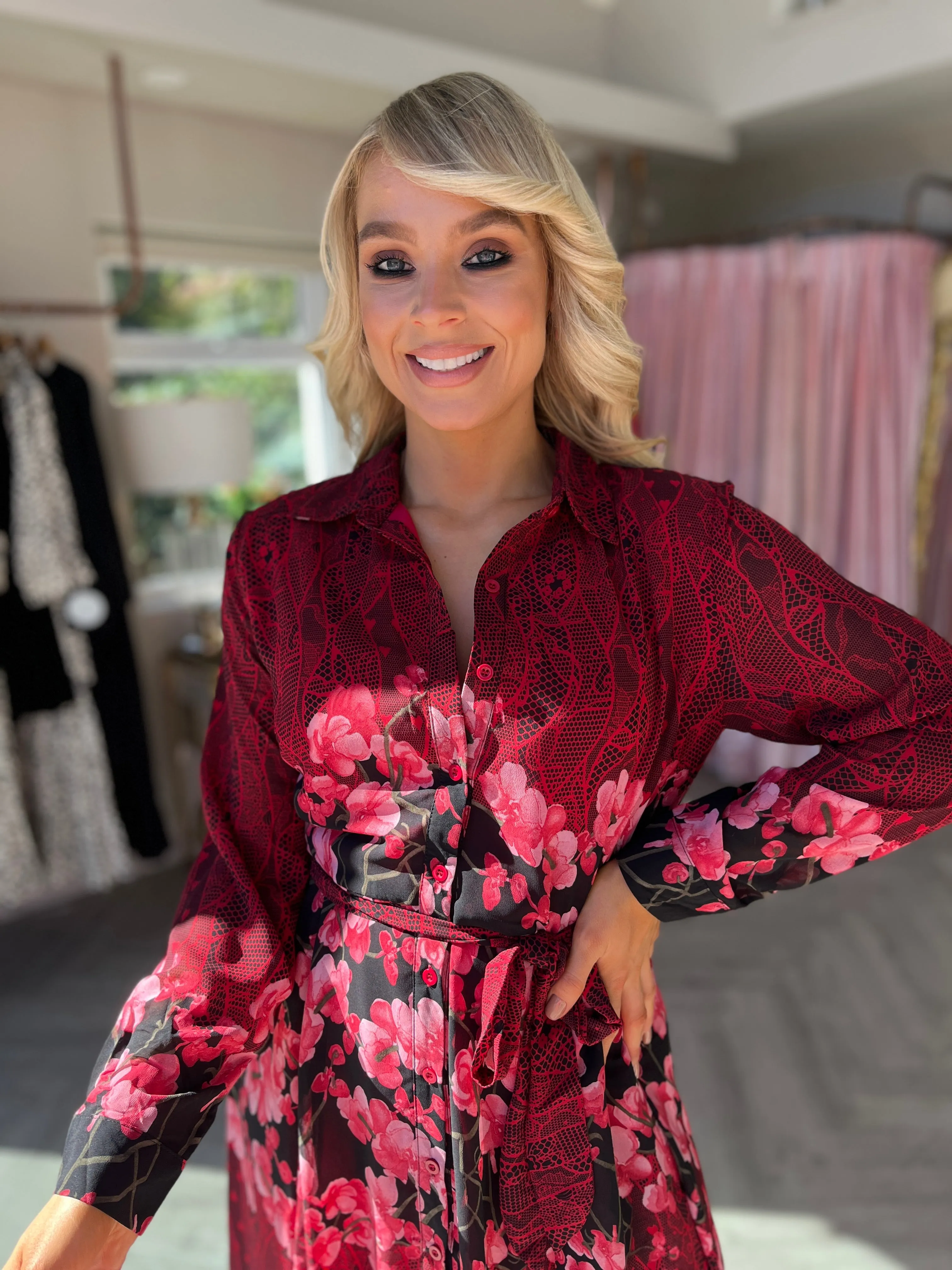 Everly Red Floral Shirt Dress
