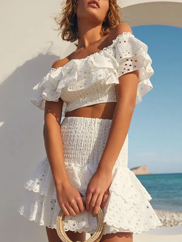 Eyelet Smocked 2-Piece Summer Cocktail - Off-Shoulder Top & Layered Mini Skirt