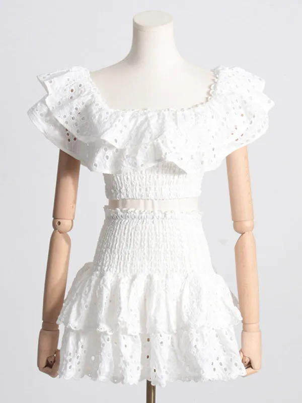 Eyelet Smocked 2-Piece Summer Cocktail - Off-Shoulder Top & Layered Mini Skirt