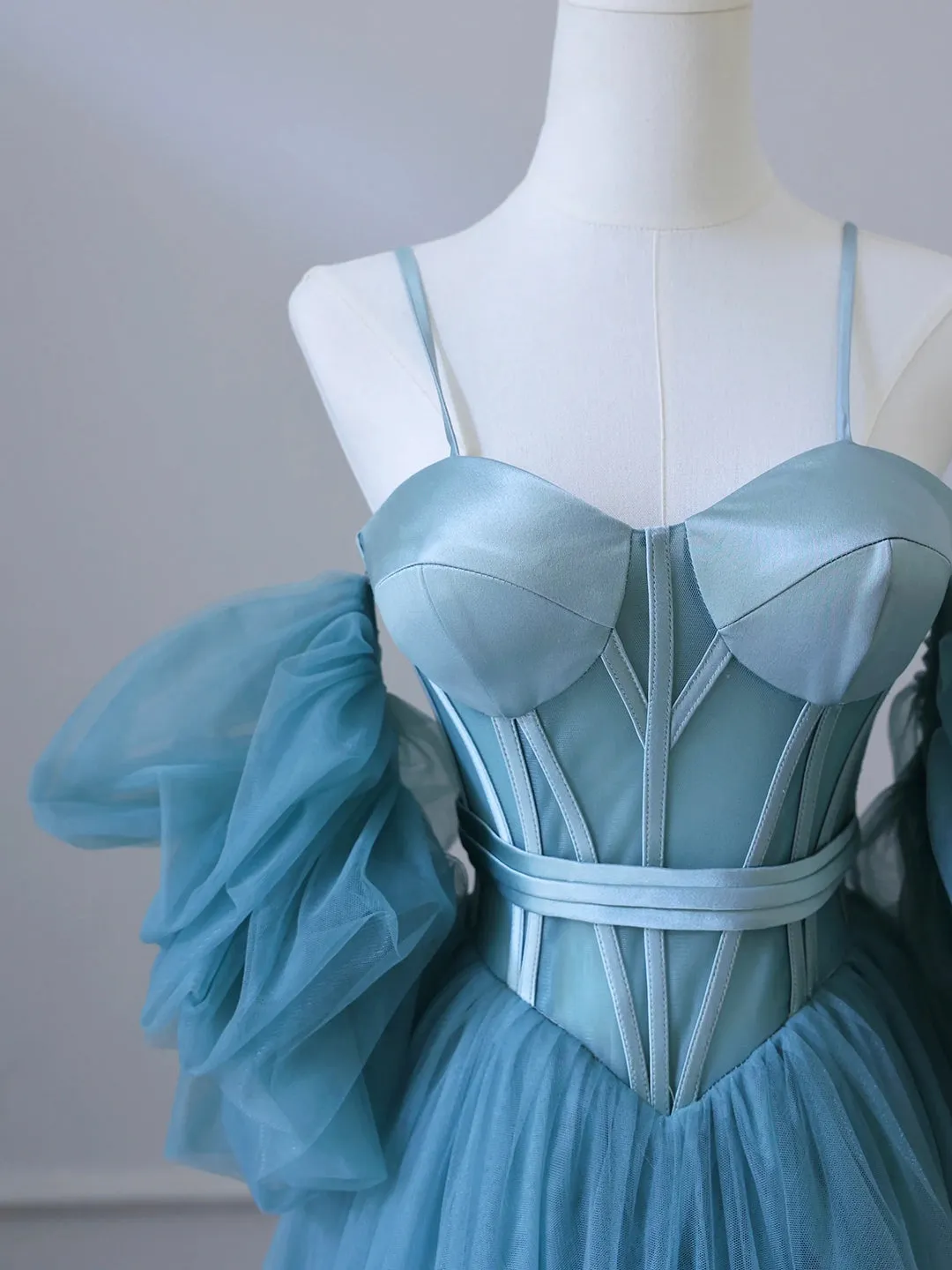 Fairy Blue Spaghetti Straps Corset Tulle Prom Dress, Detachable off Shoulder Party Dress