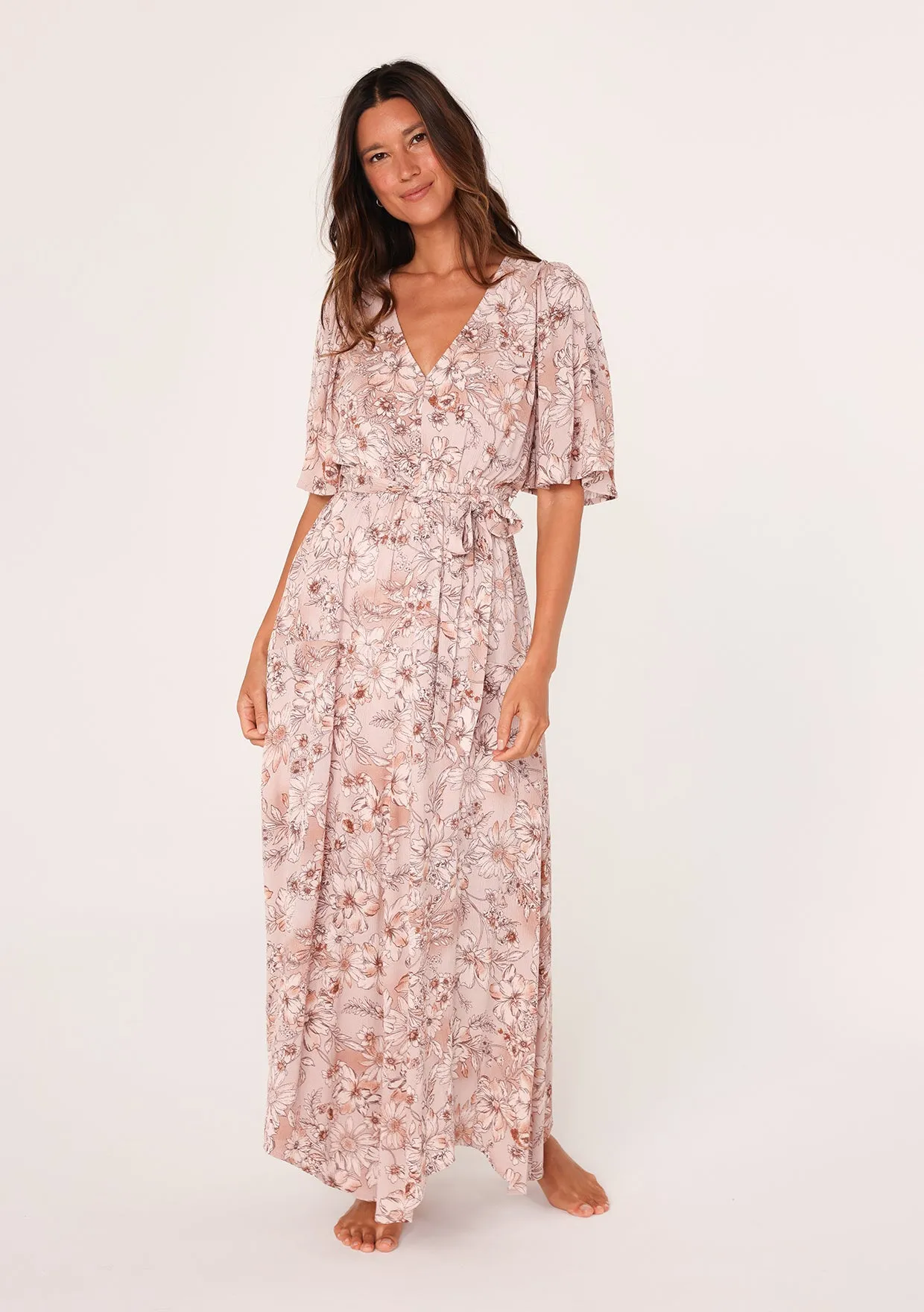 Floral Flutter Sleeve Asymmetrical Maxi Dress