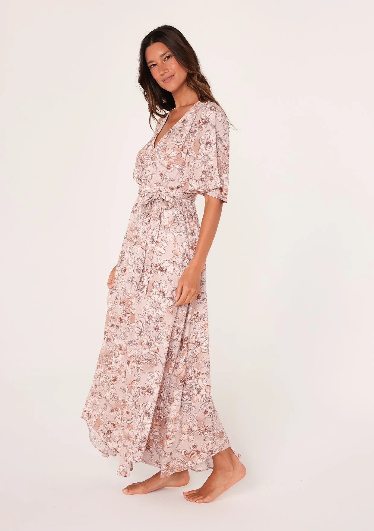 Floral Flutter Sleeve Asymmetrical Maxi Dress