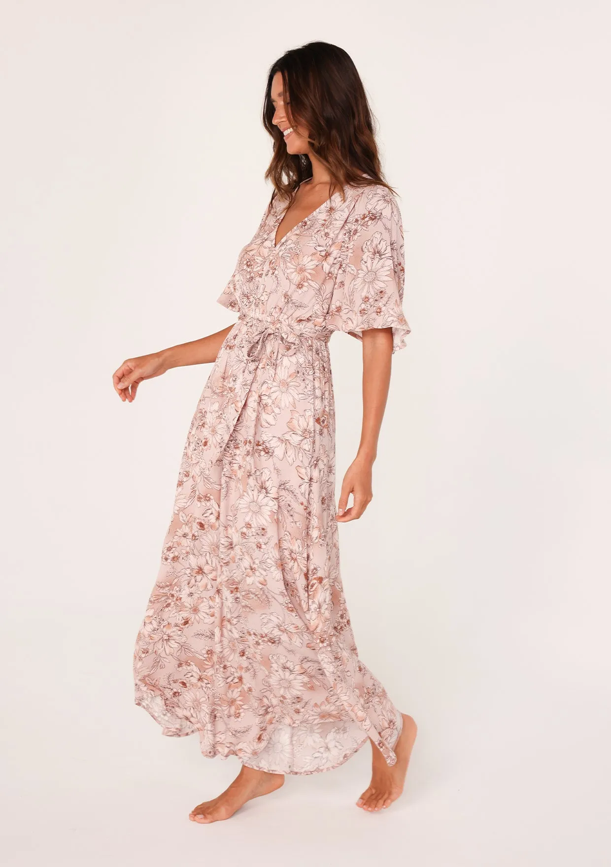 Floral Flutter Sleeve Asymmetrical Maxi Dress