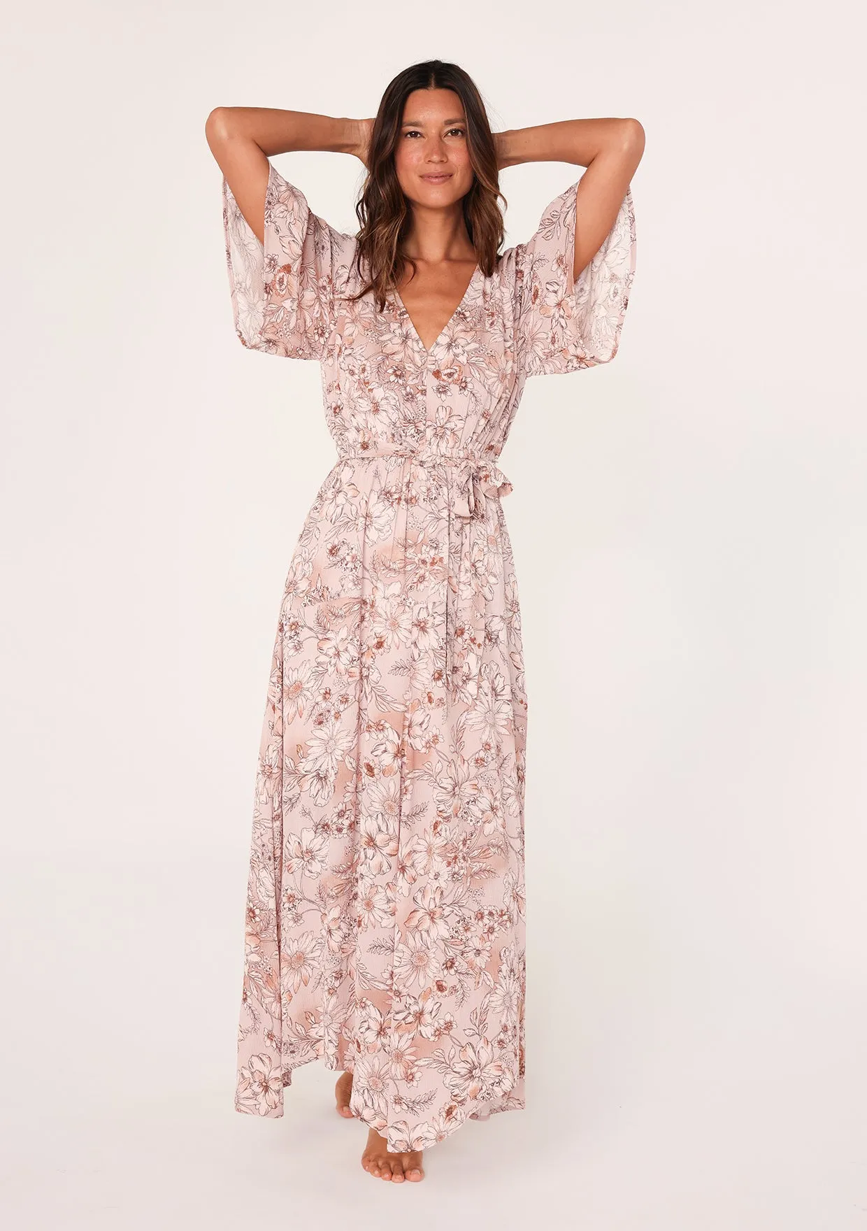 Floral Flutter Sleeve Asymmetrical Maxi Dress