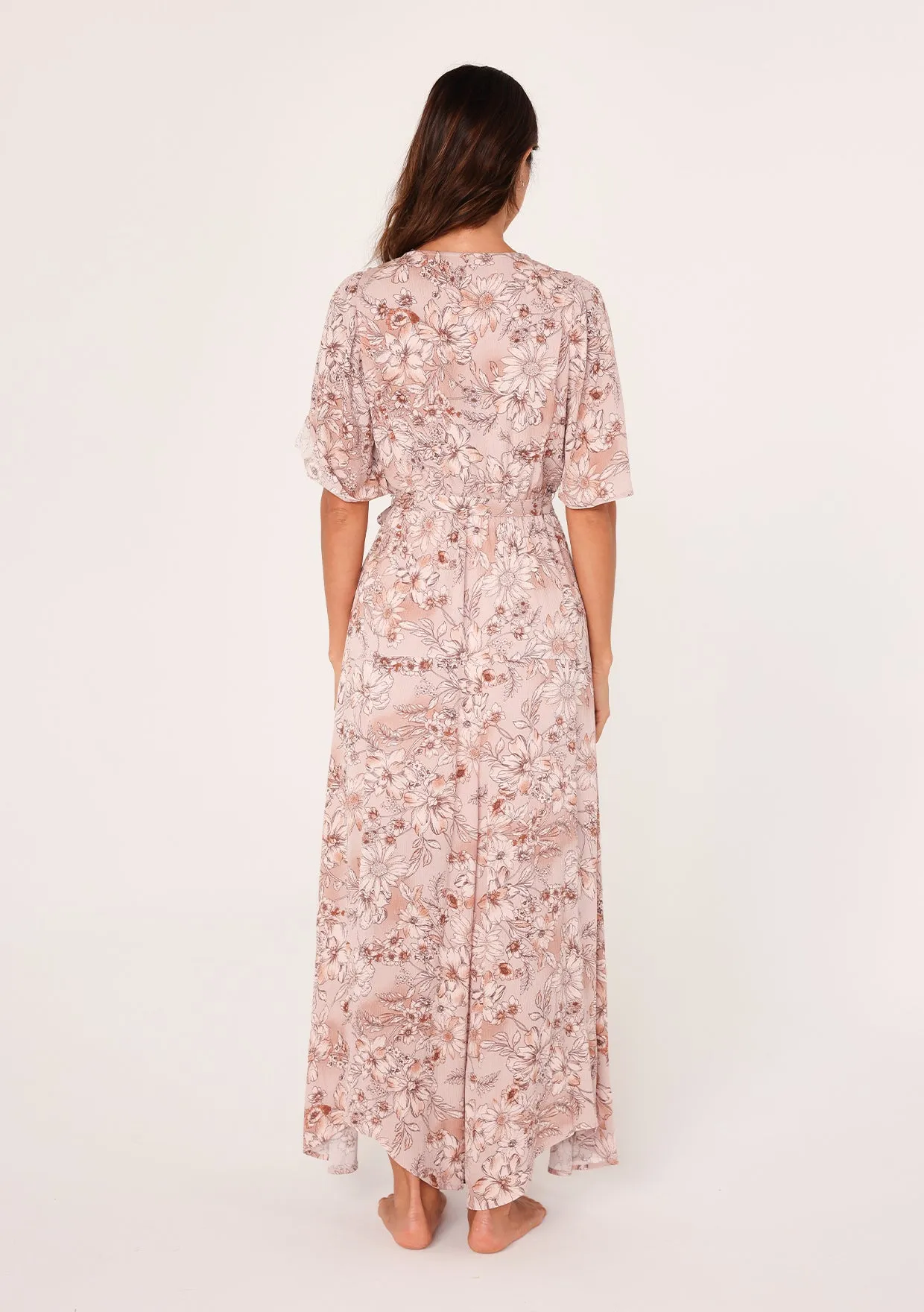 Floral Flutter Sleeve Asymmetrical Maxi Dress