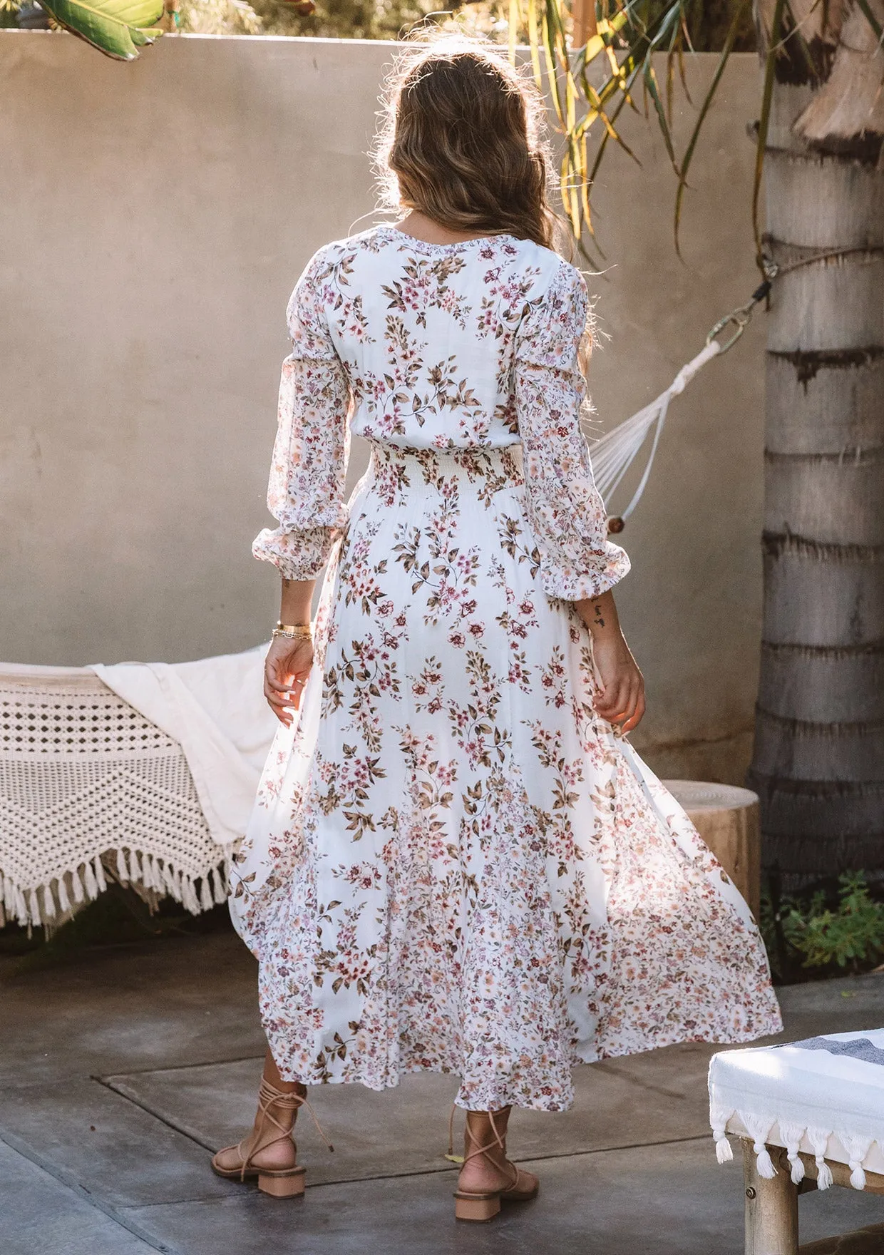Floral Long Sleeve Smocked Split Neck Maxi Dress