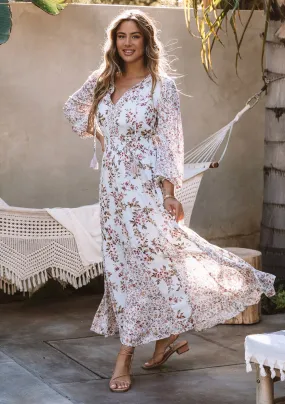 Floral Long Sleeve Smocked Split Neck Maxi Dress