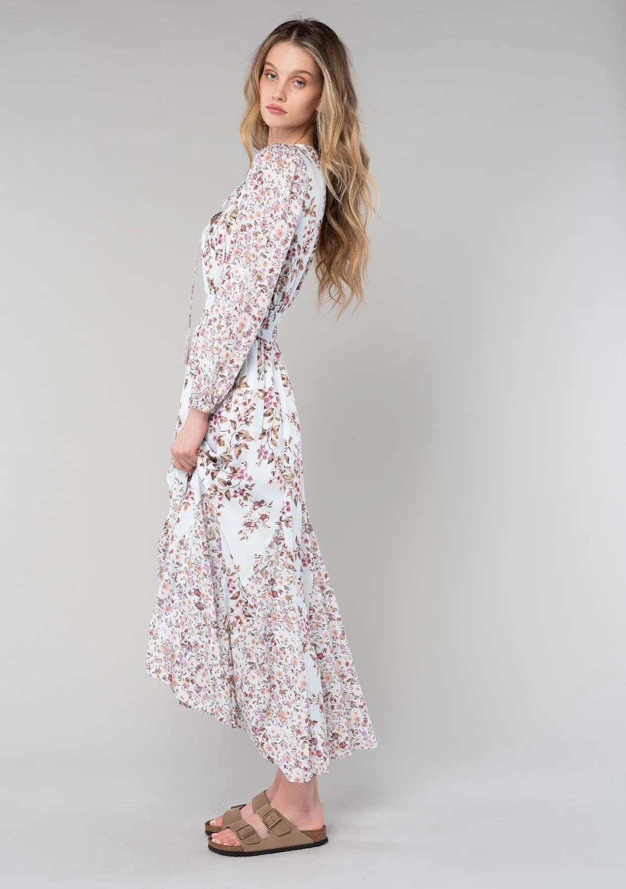 Floral Long Sleeve Smocked Split Neck Maxi Dress