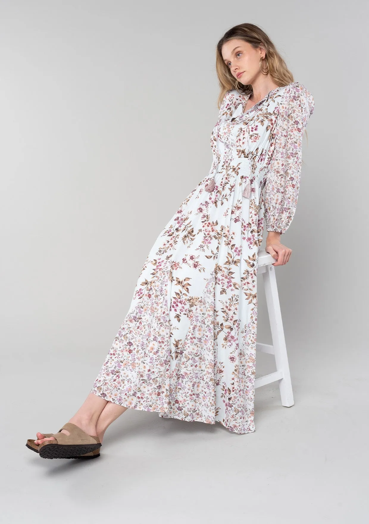 Floral Long Sleeve Smocked Split Neck Maxi Dress