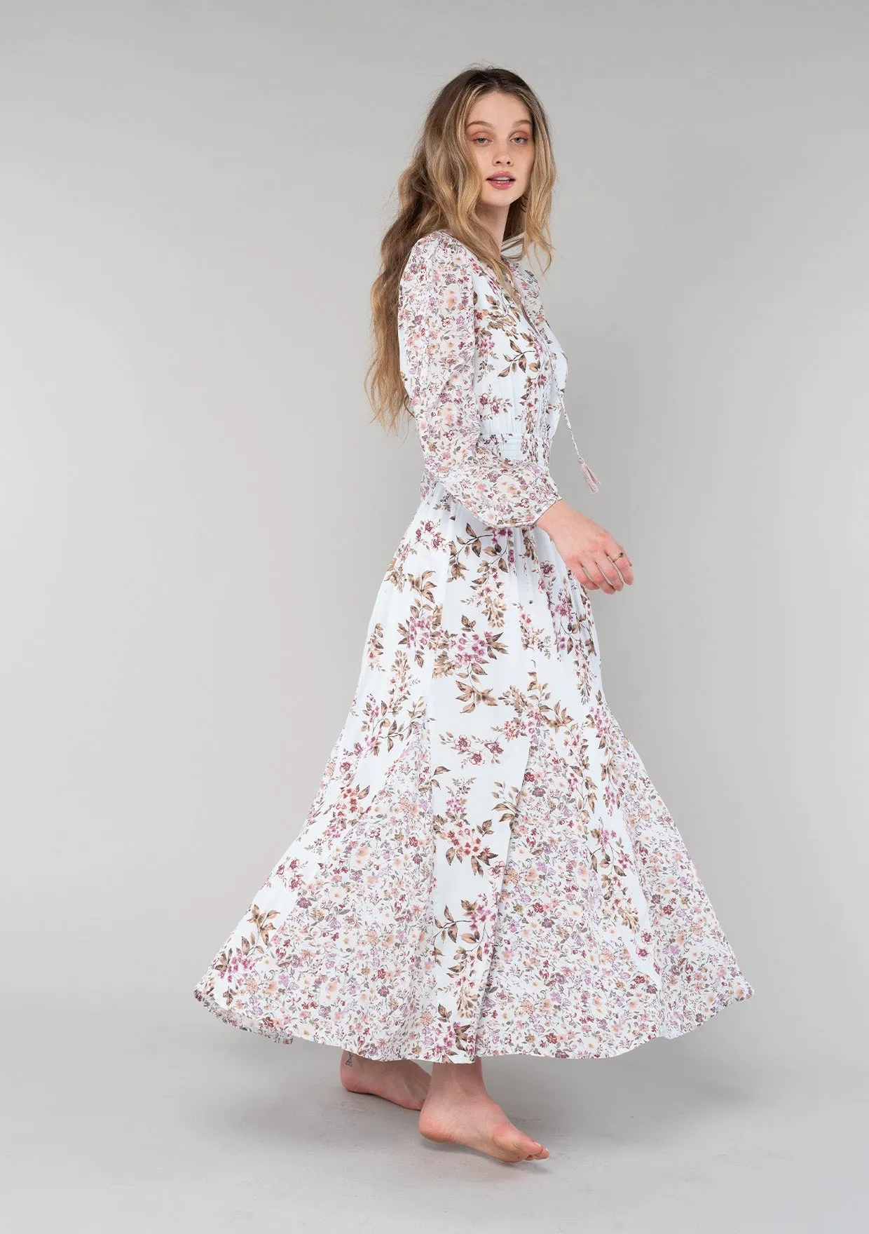 Floral Long Sleeve Smocked Split Neck Maxi Dress