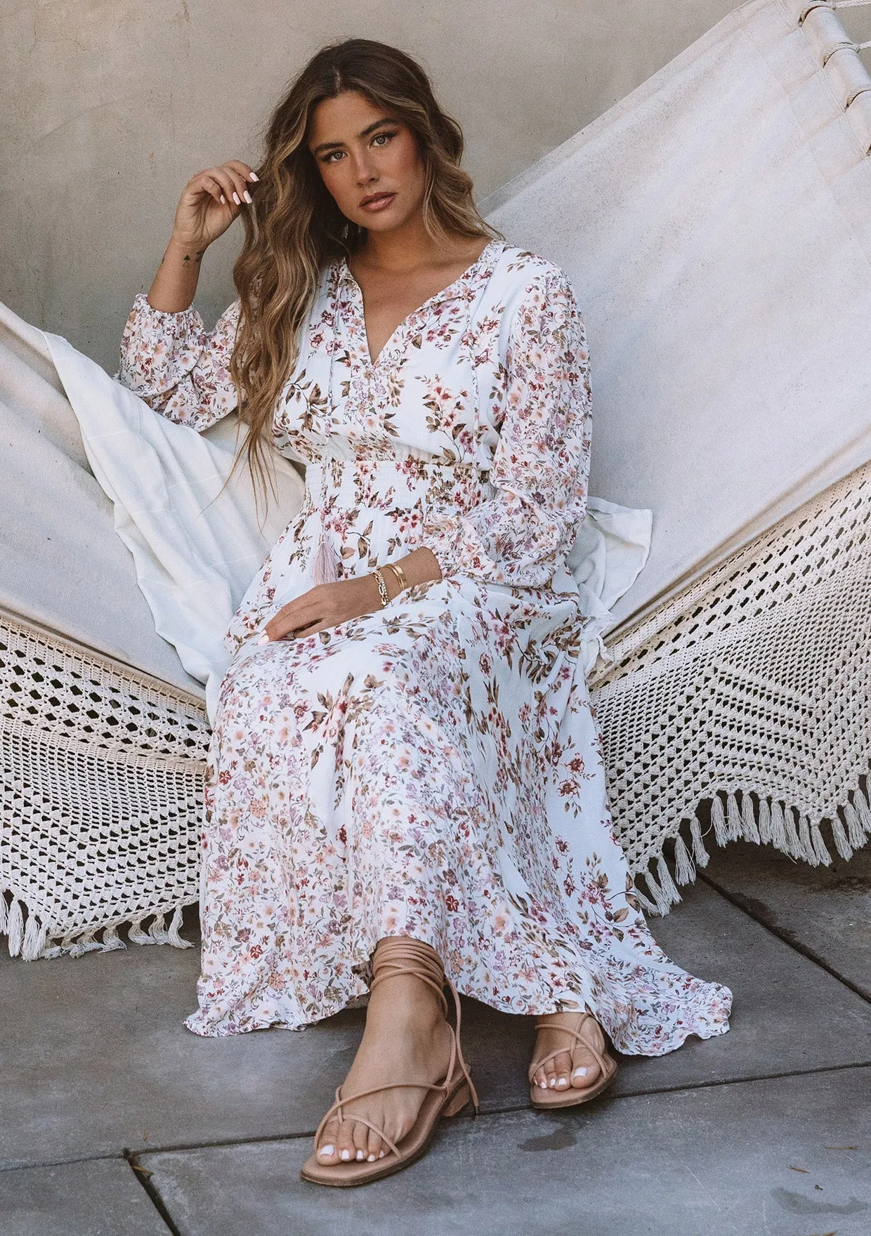 Floral Long Sleeve Smocked Split Neck Maxi Dress