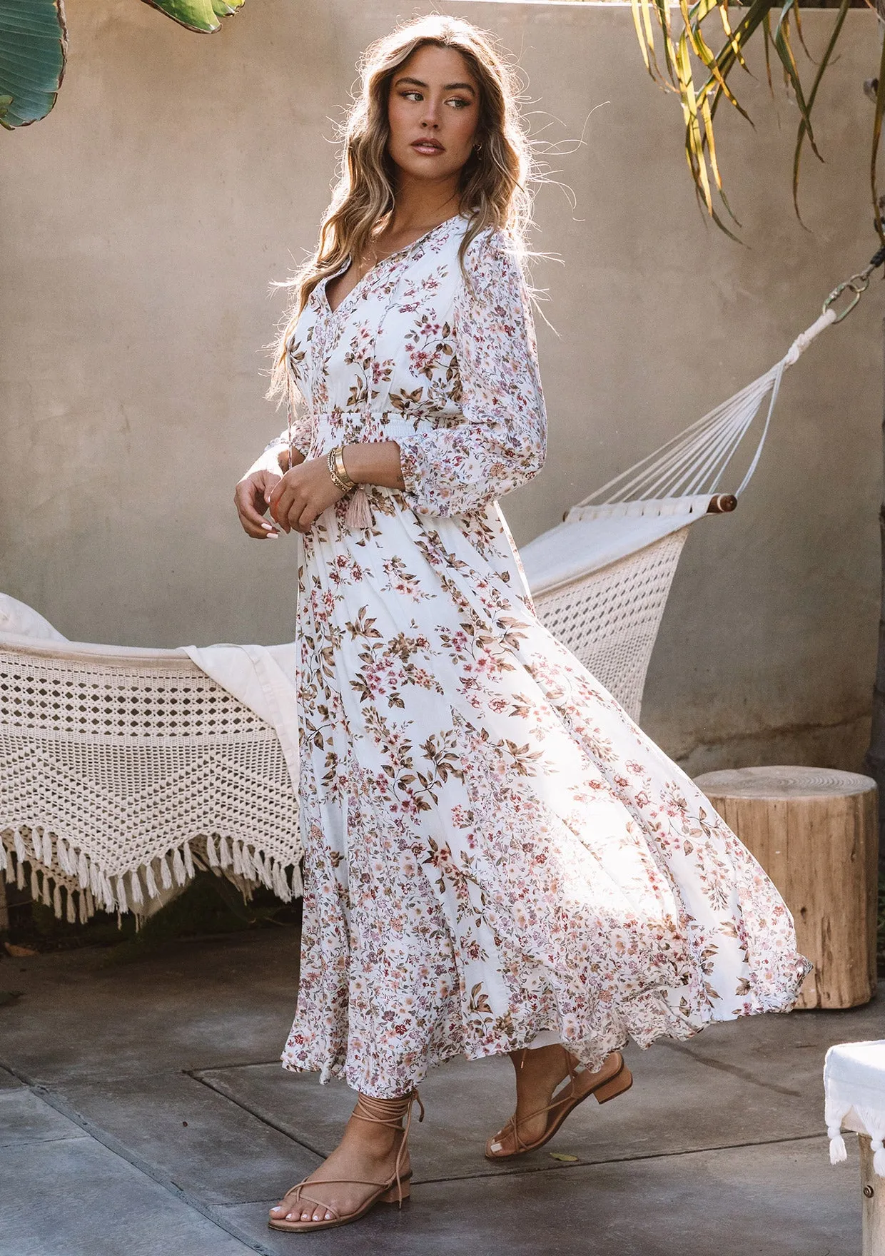 Floral Long Sleeve Smocked Split Neck Maxi Dress