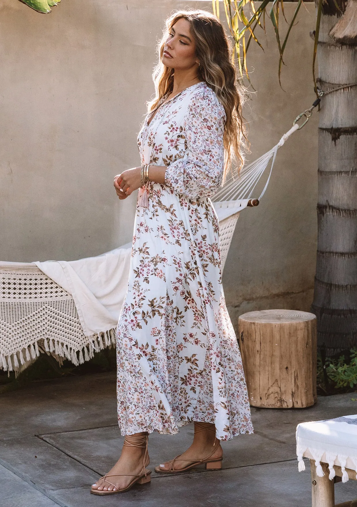 Floral Long Sleeve Smocked Split Neck Maxi Dress