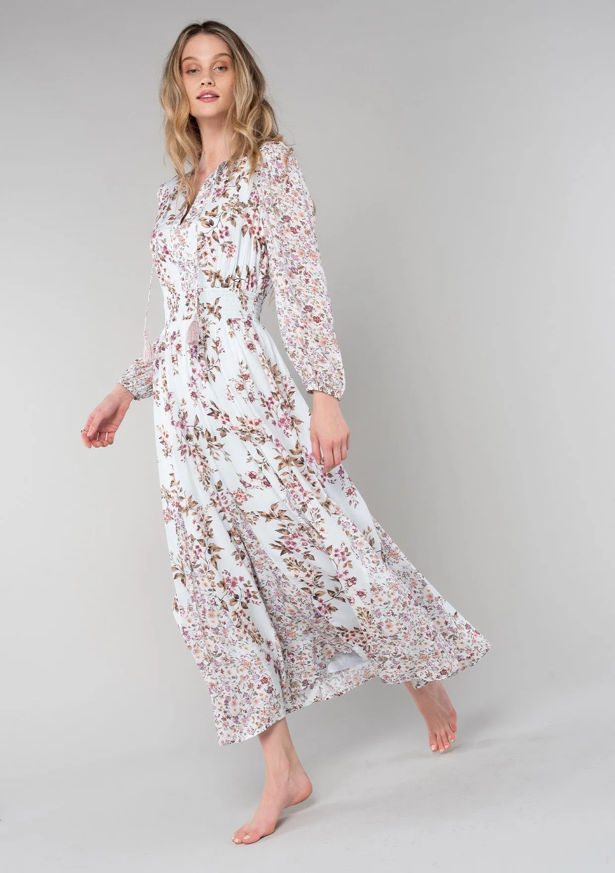 Floral Long Sleeve Smocked Split Neck Maxi Dress