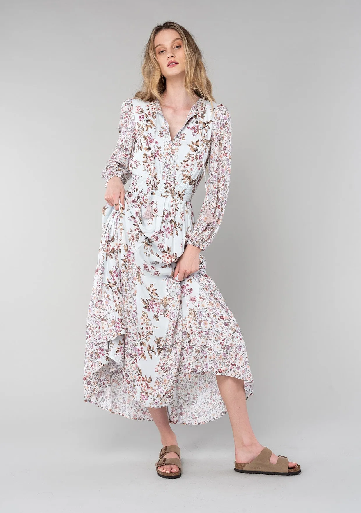 Floral Long Sleeve Smocked Split Neck Maxi Dress
