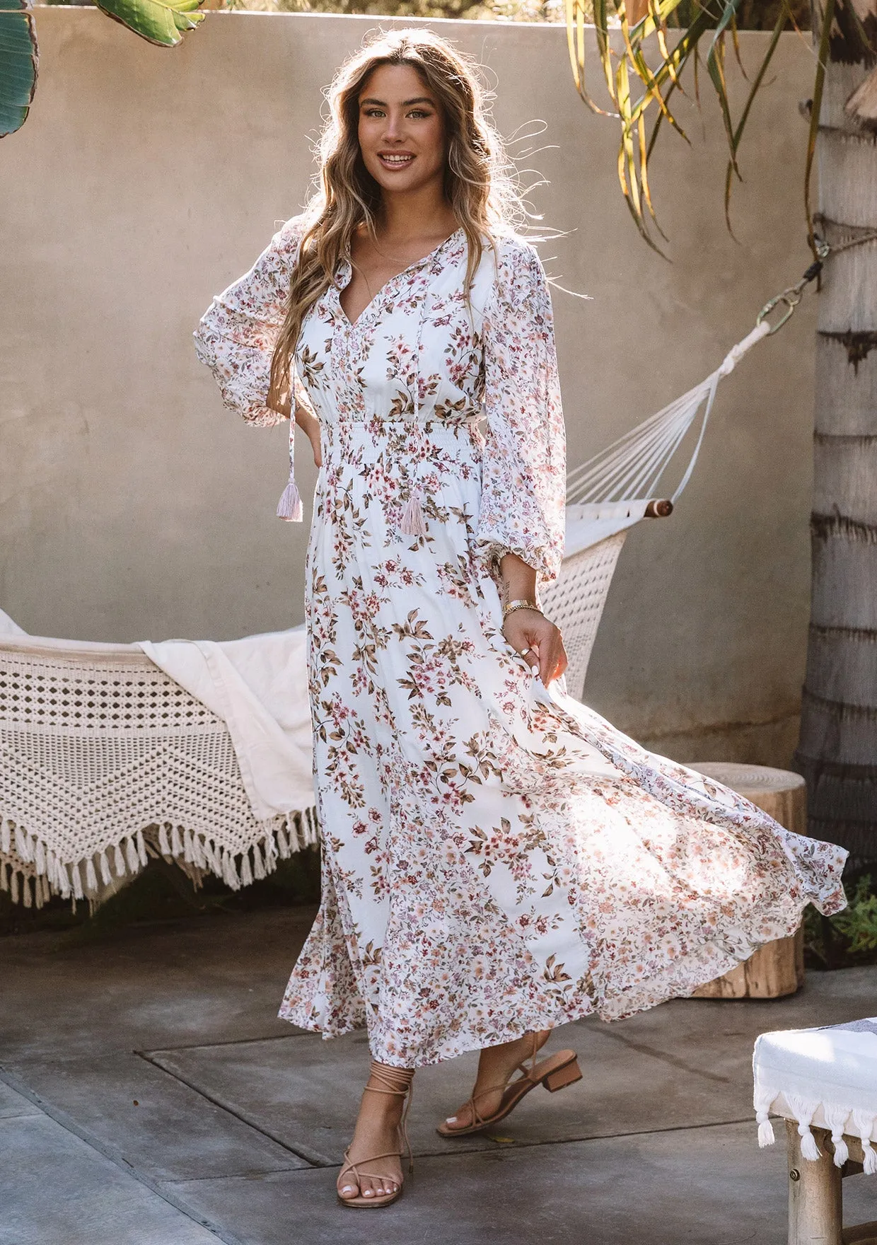 Floral Long Sleeve Smocked Split Neck Maxi Dress